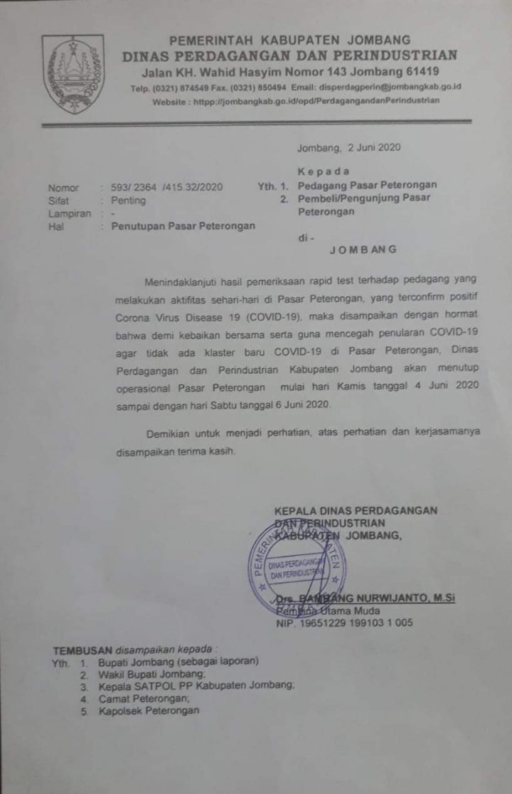 Pasar Peterongan Ditutup Sementara karena ada pedagang positif corona