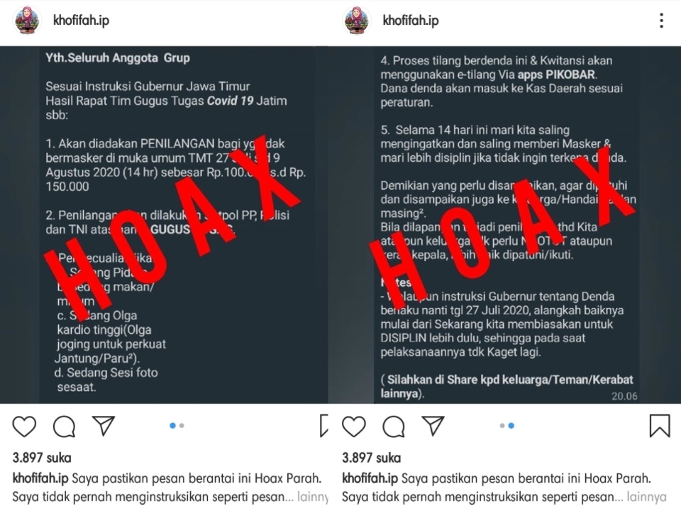 Khofifah Pastikan Pesan Berantai Denda Tilang Masker Hoaks